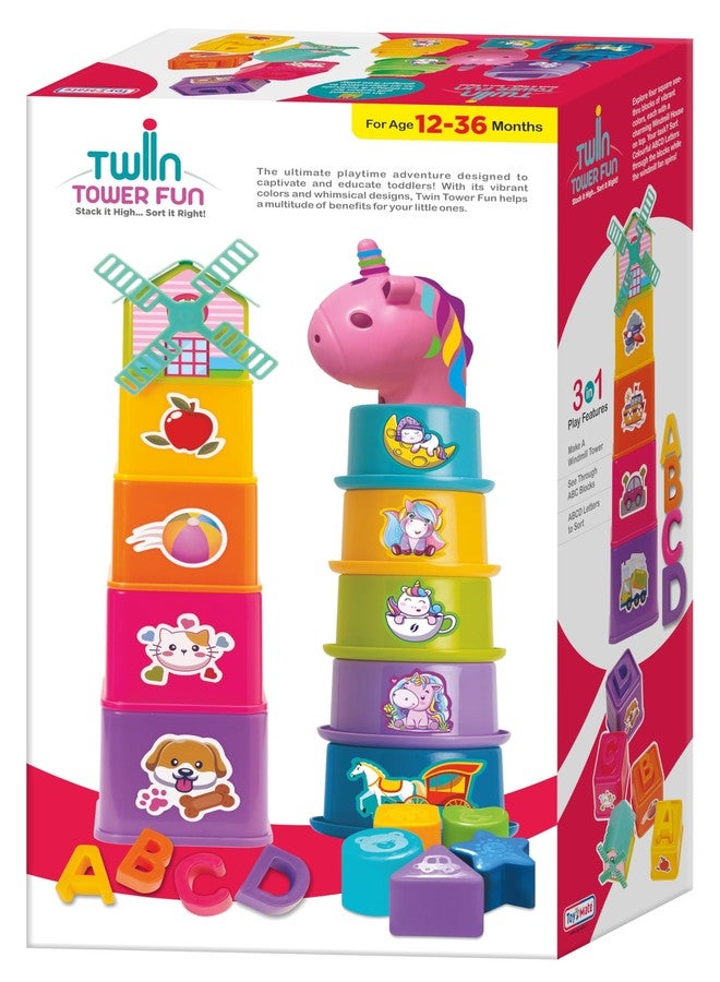 toymate Twin Tower Fun Educational Stacking Blocks and Cup Set, Unicorn Theme, Multi-Colour Building Blocks with Windmill Tower - Image 2